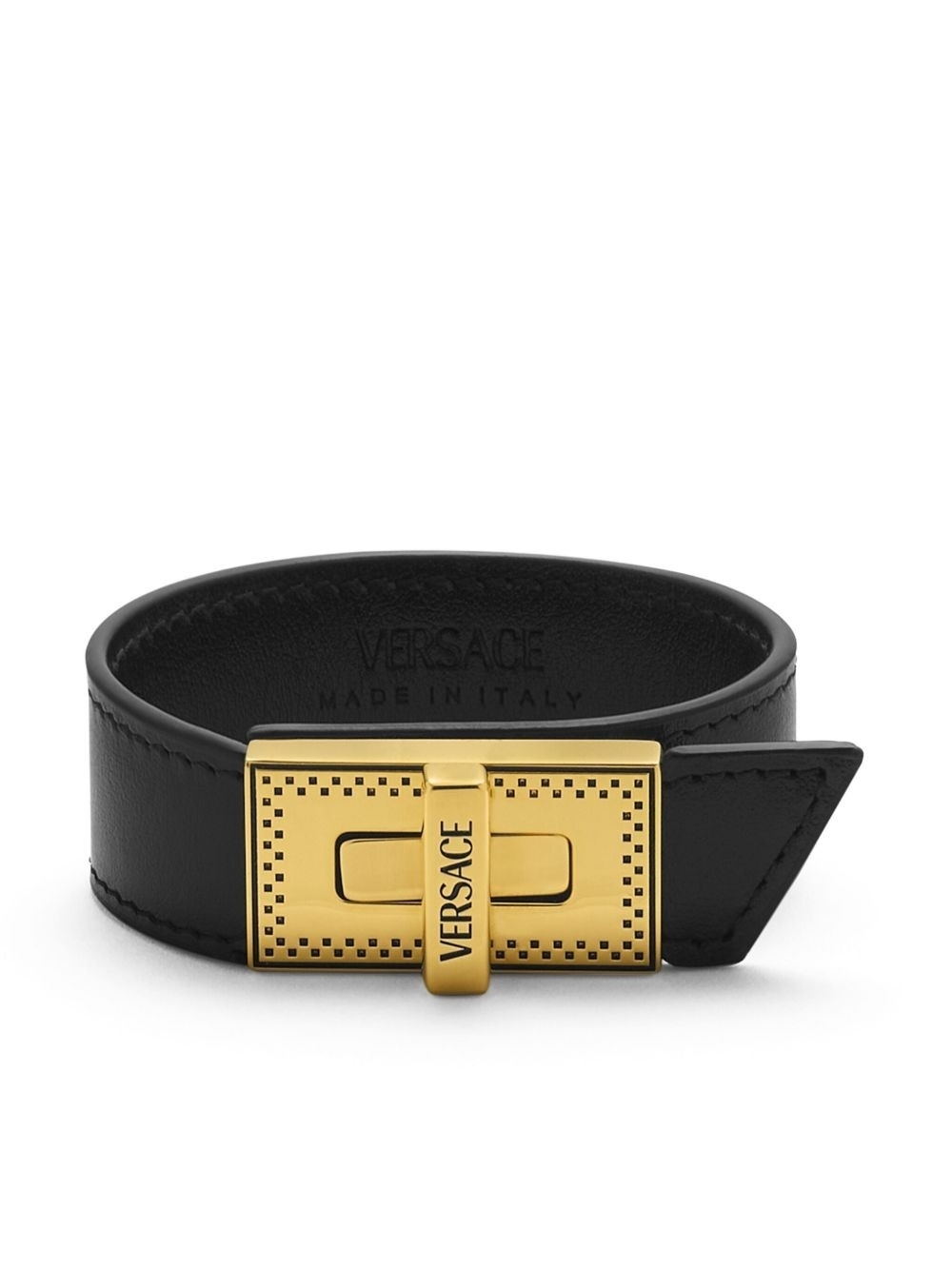 Versace Black Leather Cuff Bracelet with Gold Plaque Clasp